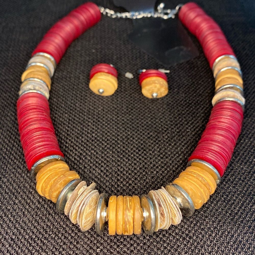 Wooden Maroon Beige & Yellow Beaded Necklace and Earrings Set